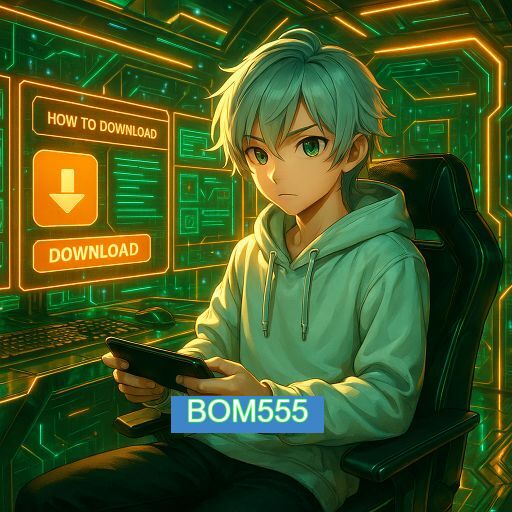Imagem promocional do app oficial BOM555 destacando a conveniência de jogar cassino online pelo celular ou navegador