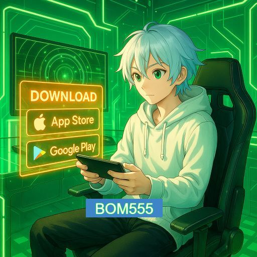 Imagem promocional do app oficial BOM555 destacando a conveniência de jogar cassino online pelo celular ou navegador