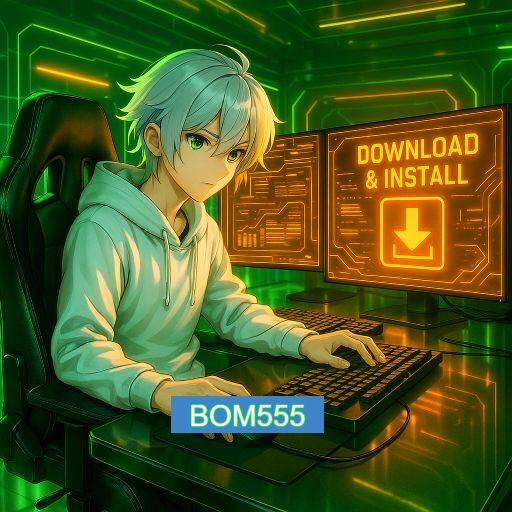 Imagem promocional do app oficial BOM555 destacando a conveniência de jogar cassino online pelo celular ou navegador