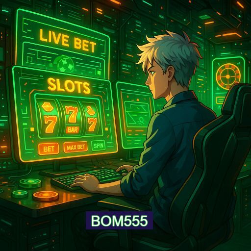 Imagem promocional do app oficial BOM555 destacando a conveniência de jogar cassino online pelo celular ou navegador